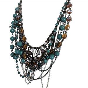 Talbots Multi-Strand Statement Necklace Gunmetal Chain Teal Amber Crystal Beads